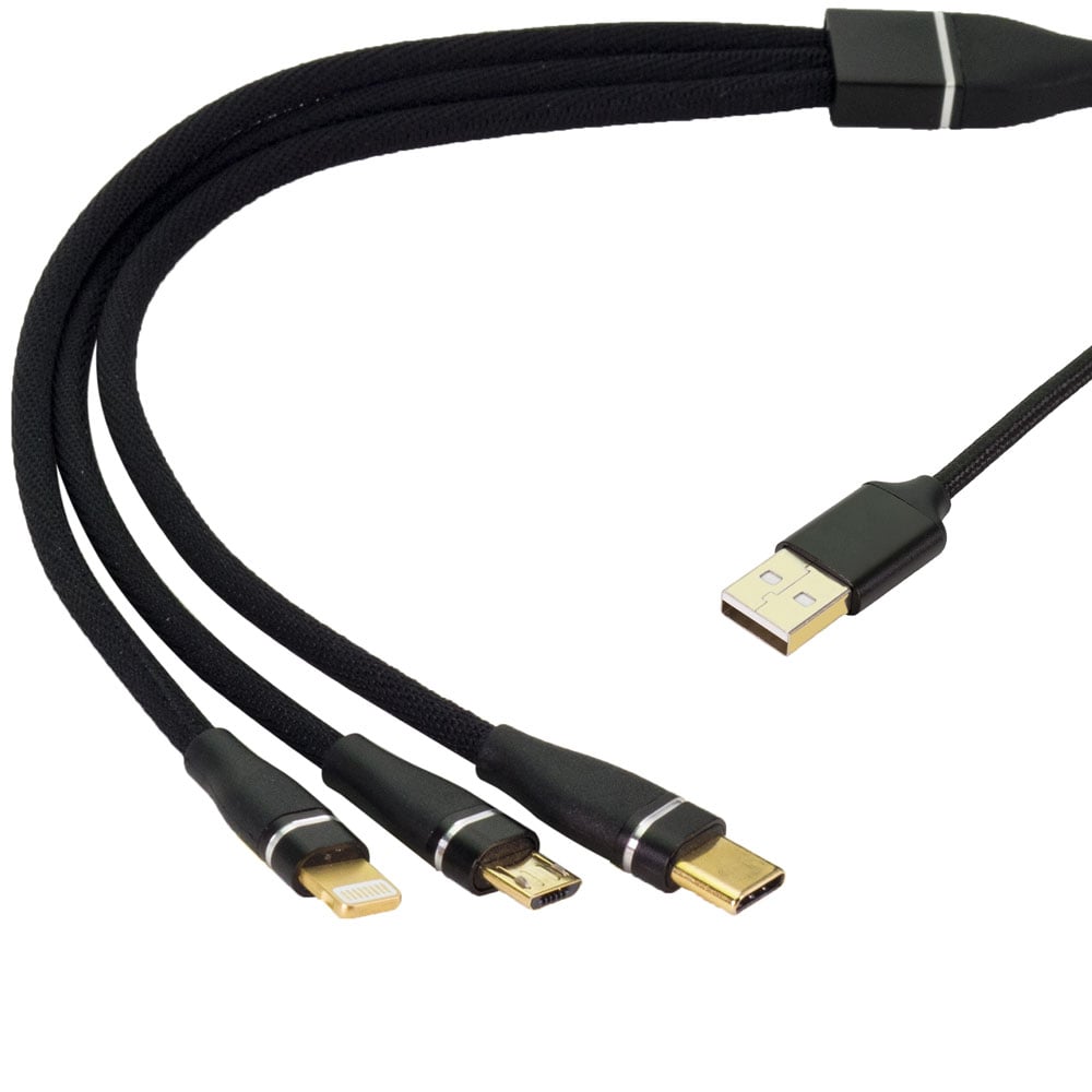 3 in 1 Charging Cable, USB-Micro/Type-C/Lightning (1M, Black)