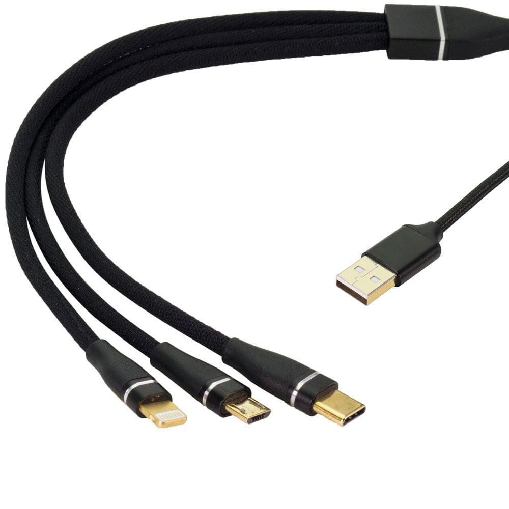 3 in 1 Charging Cable, USB-Micro/Type-C/Lightning (30cm, Black)